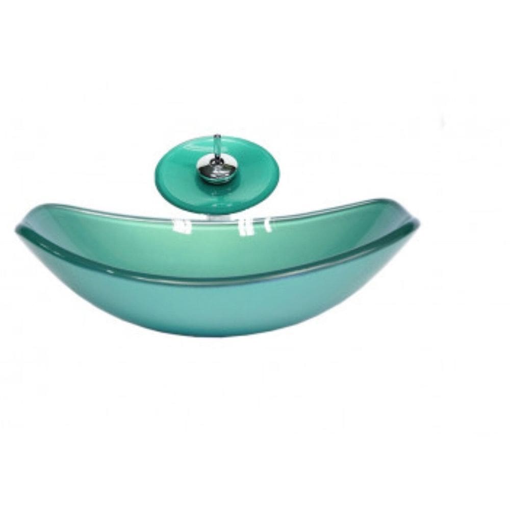 Cuba de Vidro Oval Chanfrada 46cm com Válvula Clicke Torneira Cascata Verde