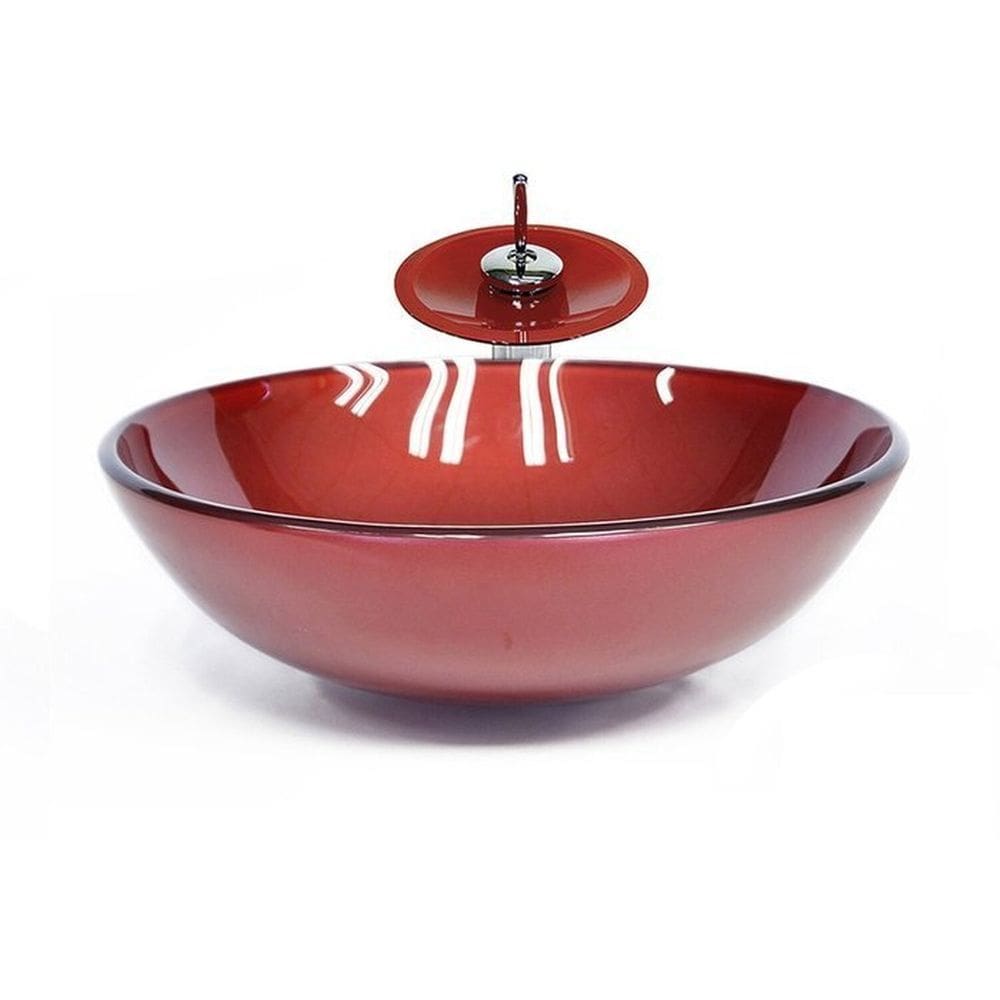 Cuba de Vidro Redonda 42cm + Valvula + Torneira Cascata Vermelho Cereja