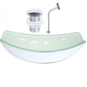 Cuba De Vidro Oval Chanfrada 51cm + Valvula Click + Torneira Metal Branco