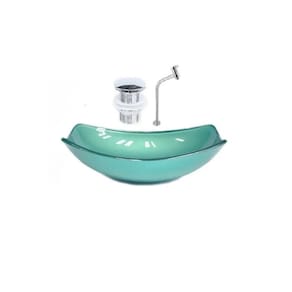 Cuba de Vidro Oval Chanfrada 46cm + Valvula Click + Torneira Metal Verde