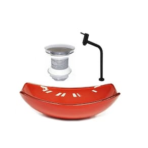 Cuba de Vidro Oval Chanfrada 46cm + Valvula + Torneira Metal Vermelho Ferrari