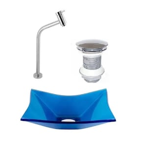 Cuba de Vidro Retangular 39cm + Valvula Click + Torneira Azul