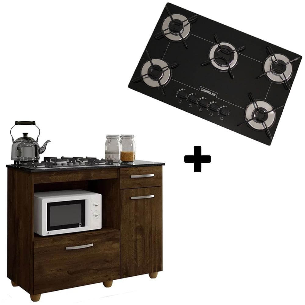 Kit Balcão para Cooktop Violeta Cor Ipe com Fogão Cooktop 5 Bocas Ultrachama Preto