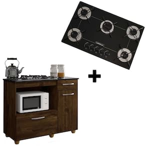 Kit Balcão para Cooktop Violeta Cor Ipe com Fogão Cooktop 5 Bocas Ultrachama Preto