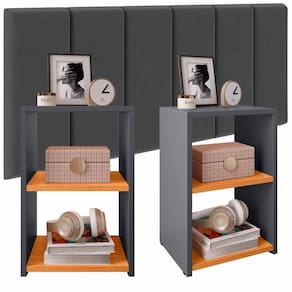 Jogo Quarto 2 Mesas Pequena Bella Retrô Cabeceira Suspensa Júlia 1,95 Cama Box Casal King Size Suede - Cinza/Cinamomo - RPM