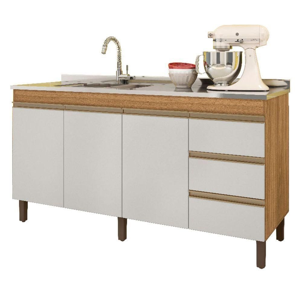Balcão De Cozinha Karen 160cm Sem Tampo 3 Portas E 3 Gavetas Cor Nature E Off White - Peternella Móveis