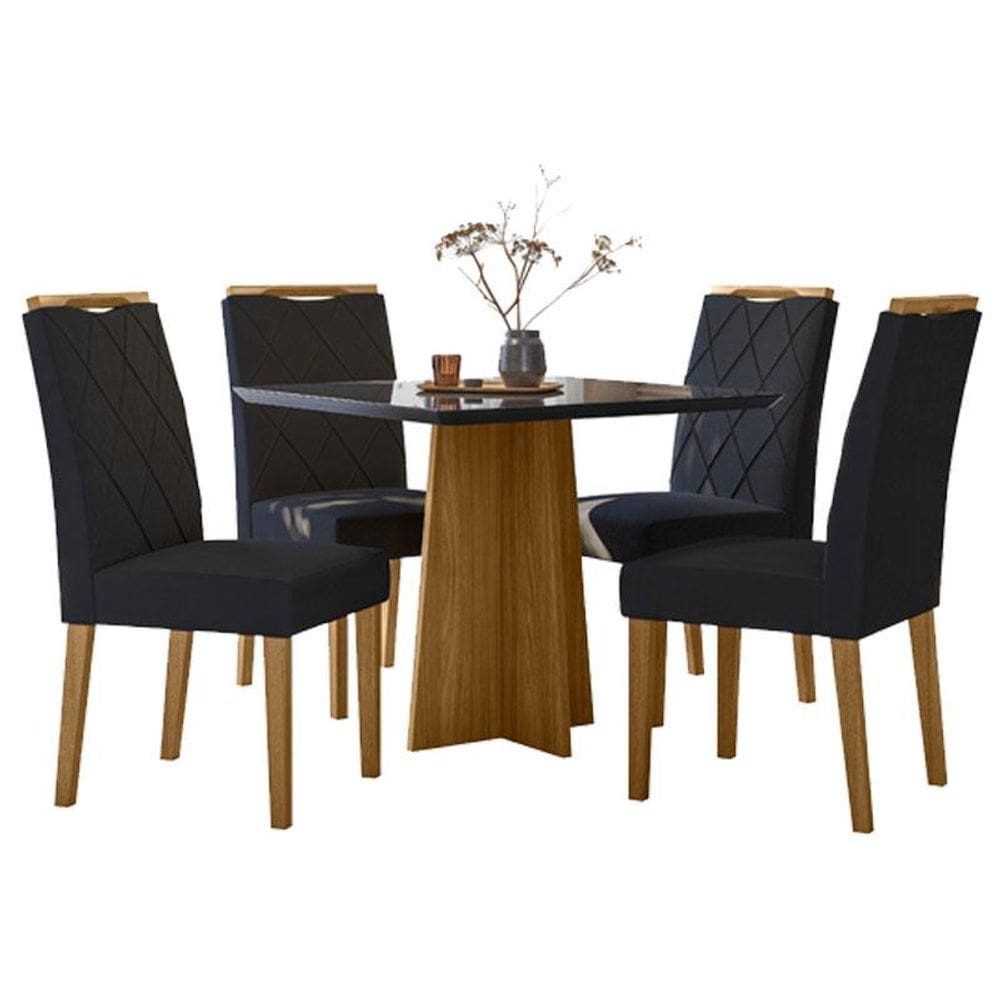 Mesa de Jantar Anitta 90x90 cm com Vidro Ype Preto e 4 Cadeiras Sarah Veludo Preto - New Ceval