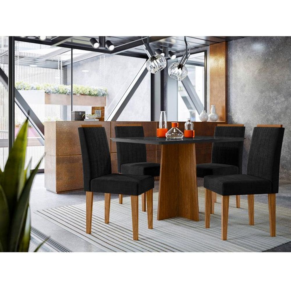 Mesa de Jantar Ambiente Anitta 120x80 cm com Vidro Ype Preto e 4 Cadeiras Ana Veludo Preto - New Ceval