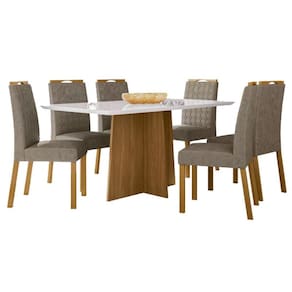Mesa de Jantar Anitta 160x90 cm com Vidro Ype Off White e 6 Cadeiras Mariana Ype Camurça Marrom - New Ceval