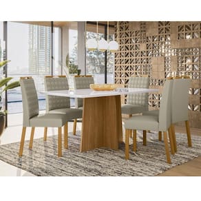 Mesa de Jantar Ambiente Anitta 160x90 cm com Vidro Ype Off White e 6 Cadeiras Mariana Ype Veludo Nude - New Ceval