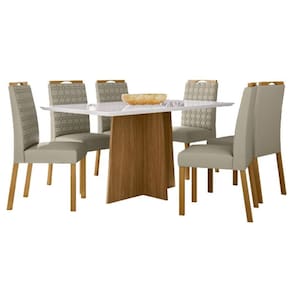 Mesa de Jantar Anitta 160x90 cm com Vidro Ype Off White e 6 Cadeiras Mariana Ype Veludo Nude - New Ceval
