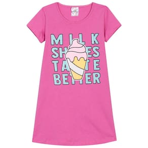 Vestido Rosa com Estampa de Milkshake em Meia Malha Infantil