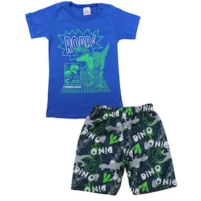 Conjunto Camiseta Azul Dinossauro e Bermuda Estampada Menino