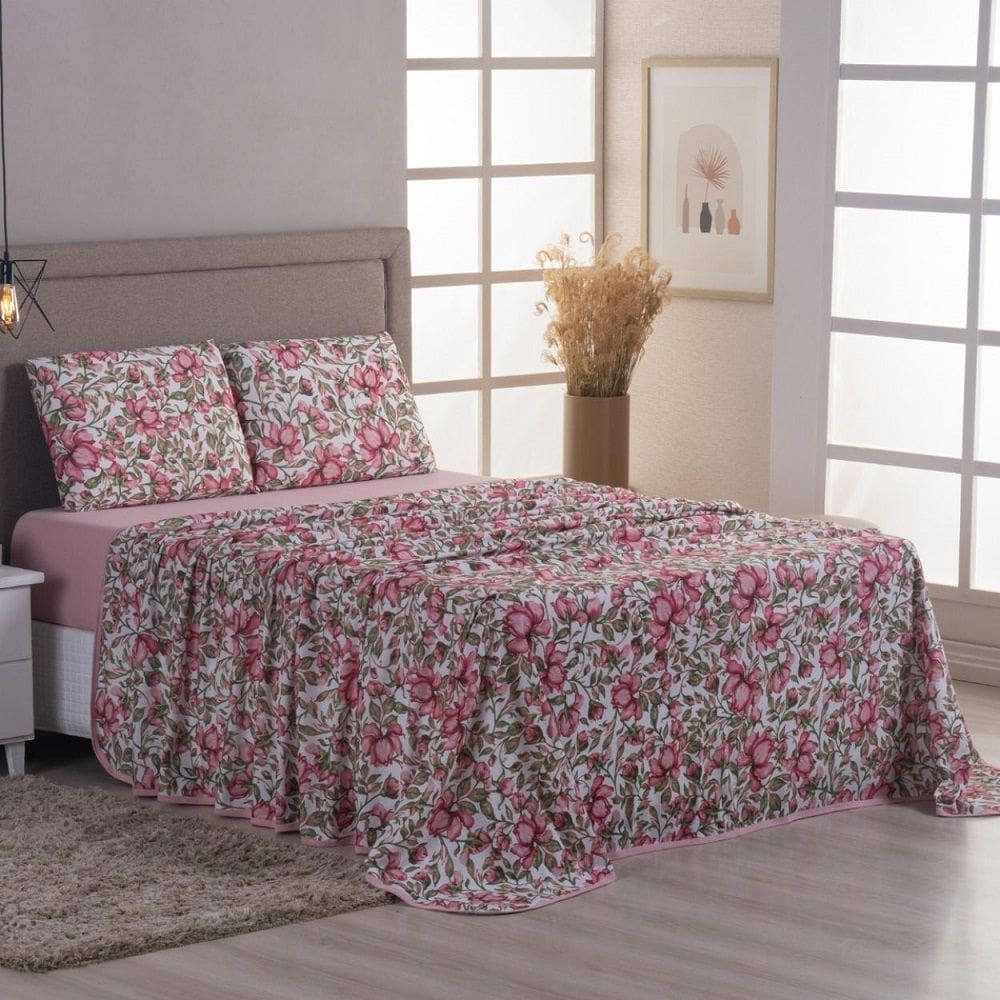 Jogo Lençol Cama Casal 4 peças 100% Algodão Malha Penteada