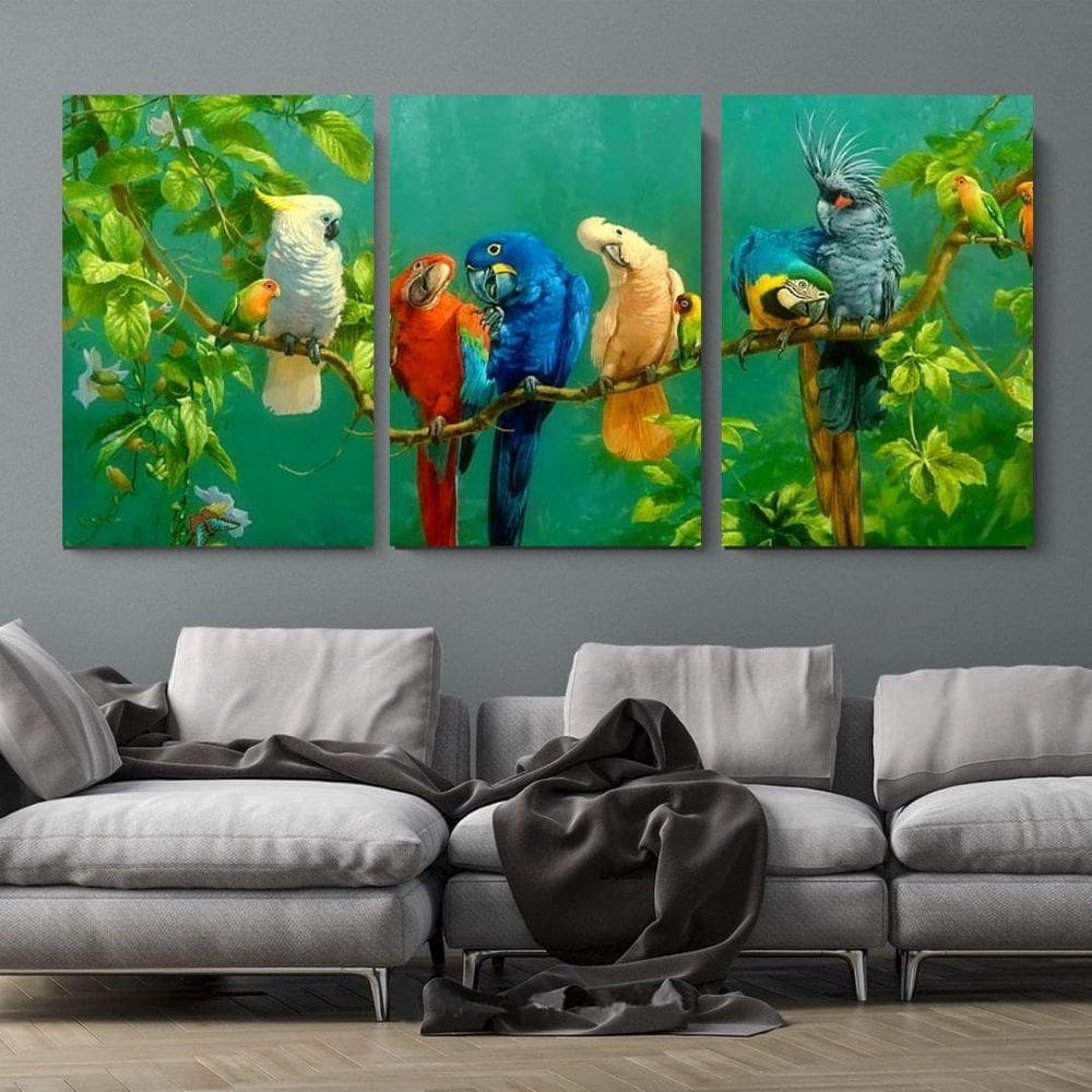 Quadro Decorativo 3 Telas Pássaros Silvestres 120X60Cm
