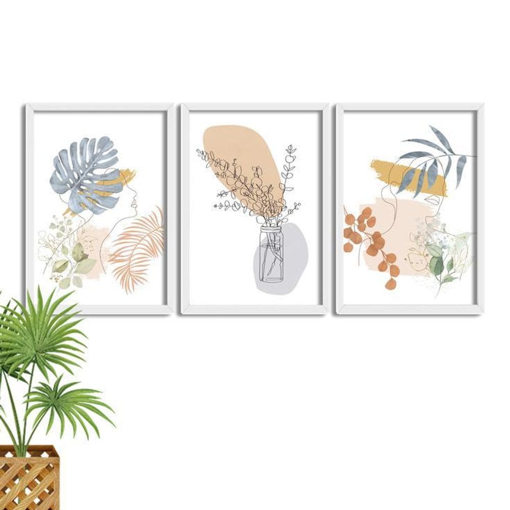 Kit 3 Quadros Decorativos Moldura Branca Mulher Minimalista