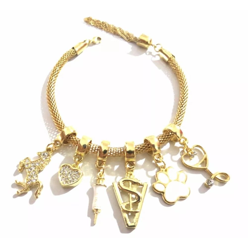Pulseira Berloques Veterinária Coração Amor Folheado 18k