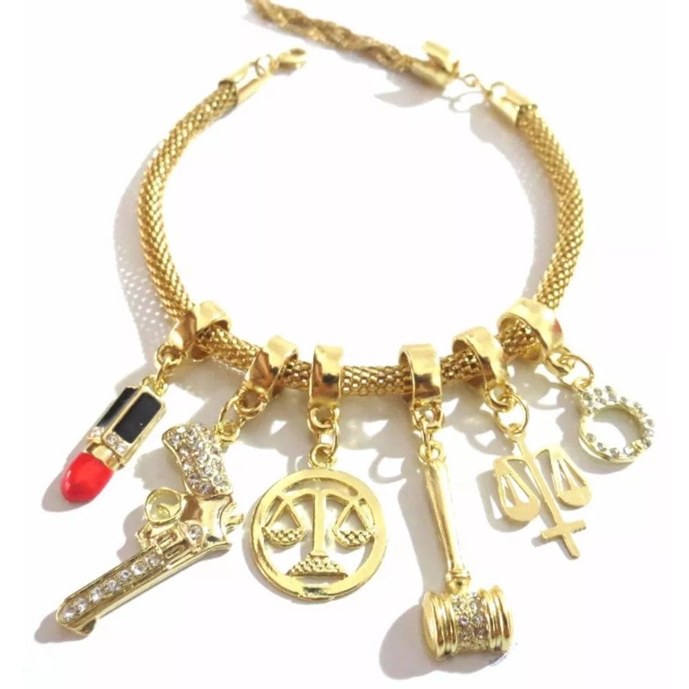 Pulseira Completa Berloques Direito Justiça Folheado 18k