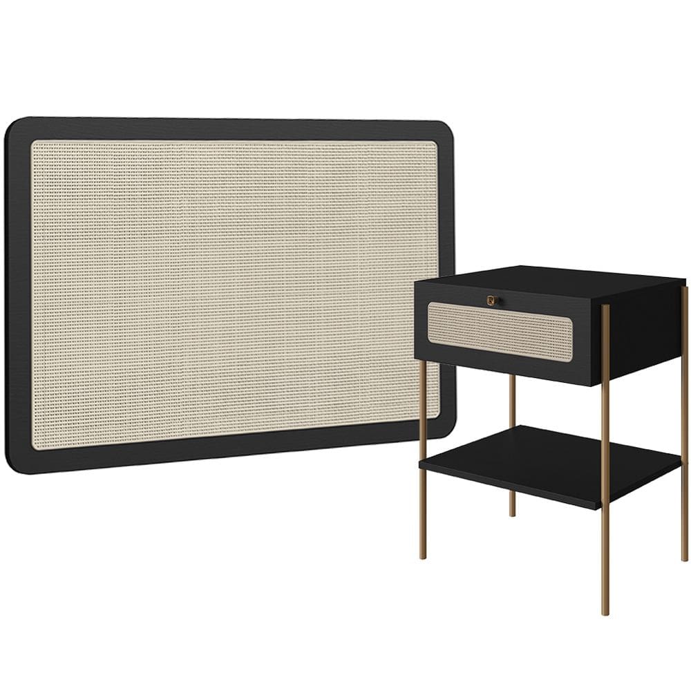 Cabeceira Solteiro 90cm e 1 Mesa Lateral 1 Gaveta Industrial Indy A03 Nero - Lyam Decor