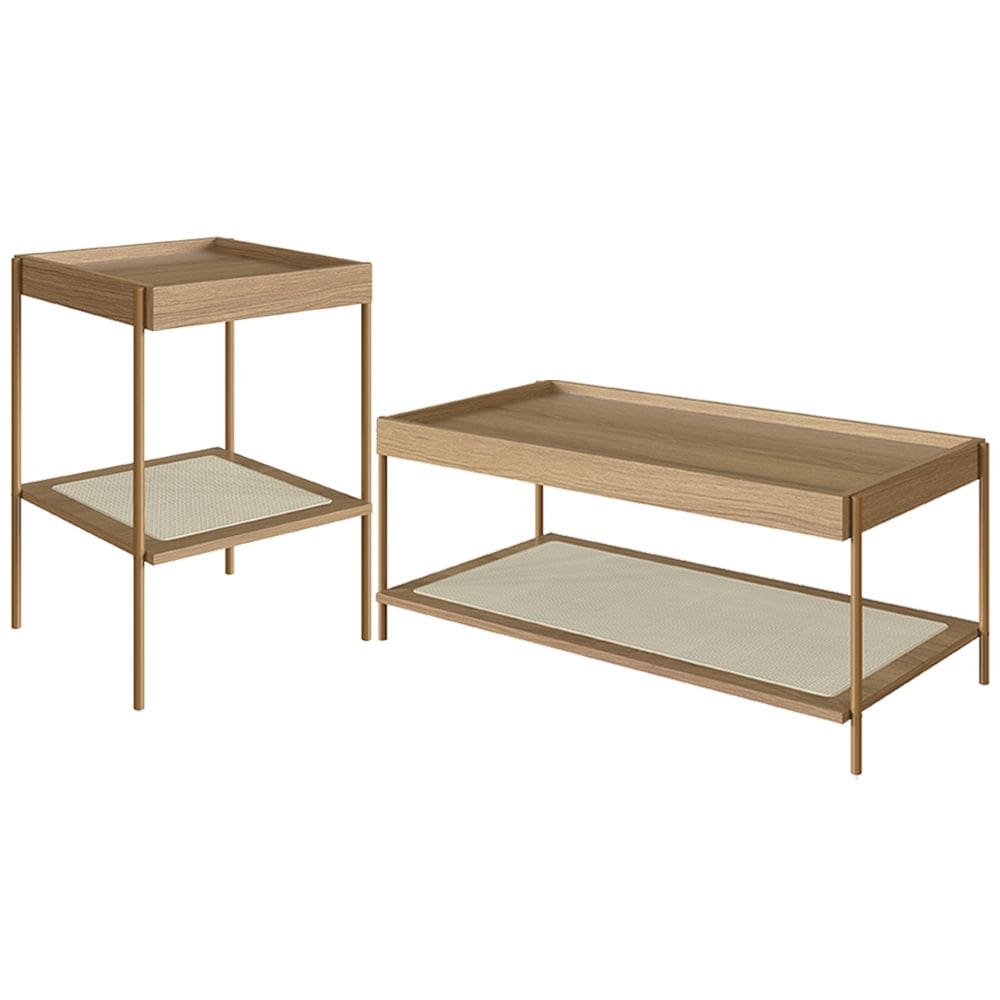 Conjunto Mesa de Centro e Mesa Lateral Para Sala Industrial Indy A03 Hanover Dourado - Lyam Decor