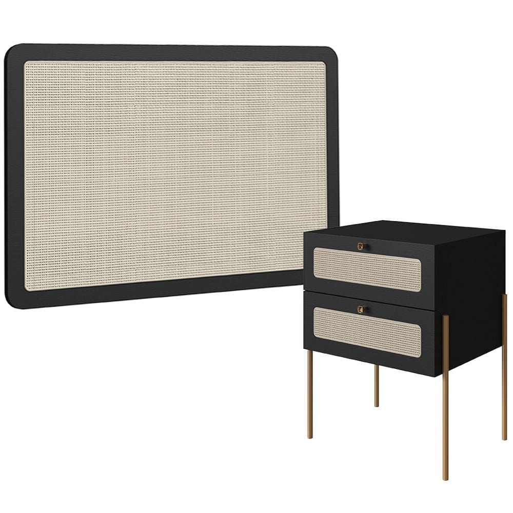 Cabeceira Solteiro 90cm e 1 Mesa Lateral 2 Gavetas Industrial Indy A03 Nero - Lyam Decor