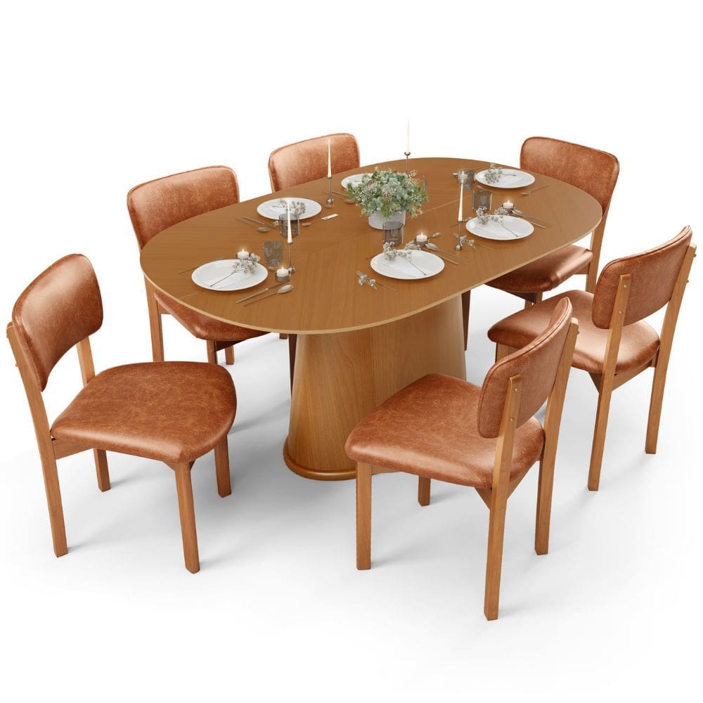 Mesa Para Sala de Jantar Valência com 06 Cadeiras Sala de Jantar Dara L02 Couríssimo Camel - Lyam Decor