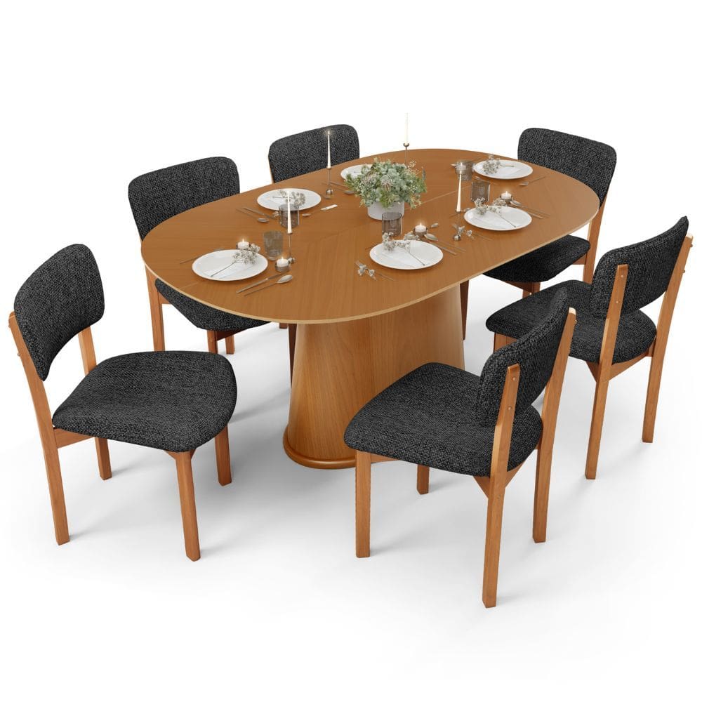 Mesa Para Sala de Jantar Valência com 06 Cadeiras Sala de Jantar Dara L02 Linho Chumbo - Lyam Decor