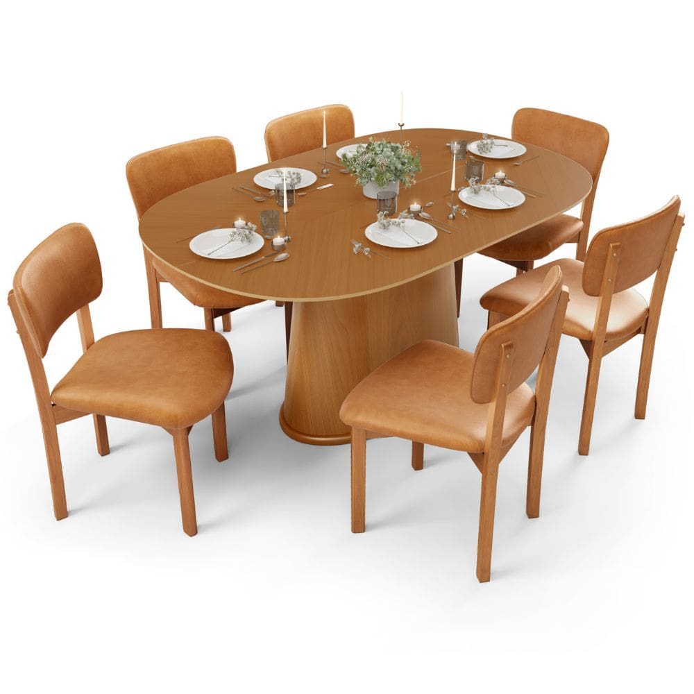 Mesa Para Sala de Jantar Valência com 06 Cadeiras Sala de Jantar Dara L02 Couríssimo Whisky - Lyam Decor