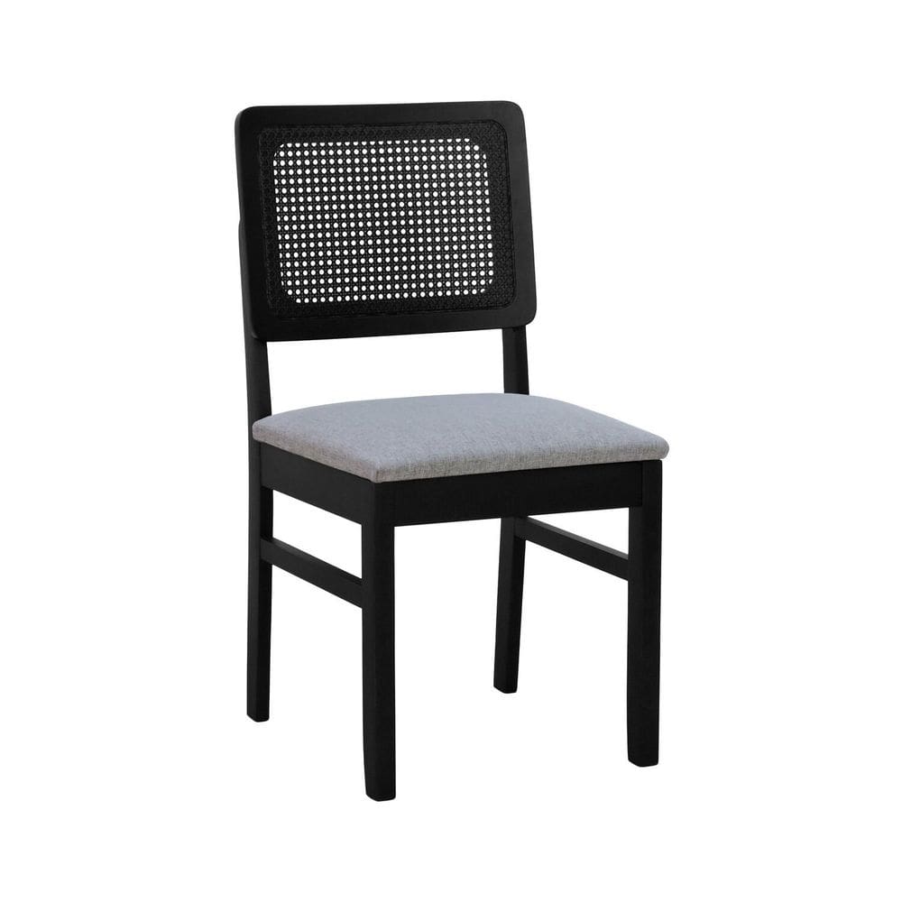 Cadeira Lyon Madeira Maciça Encosto Telinha Assento Estofado Linho Preto/Cinza