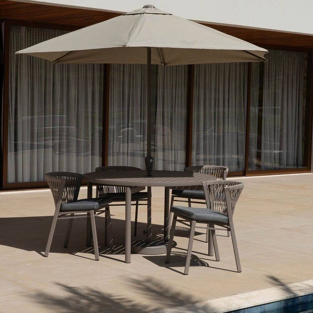 Conjunto Jardim 1 Mesa Ø130cm 4 Cadeiras sem Braços 1 Ombrelone Refúgio Cabecasa Madeiramadeira Champanhe/Cinza Mesclado