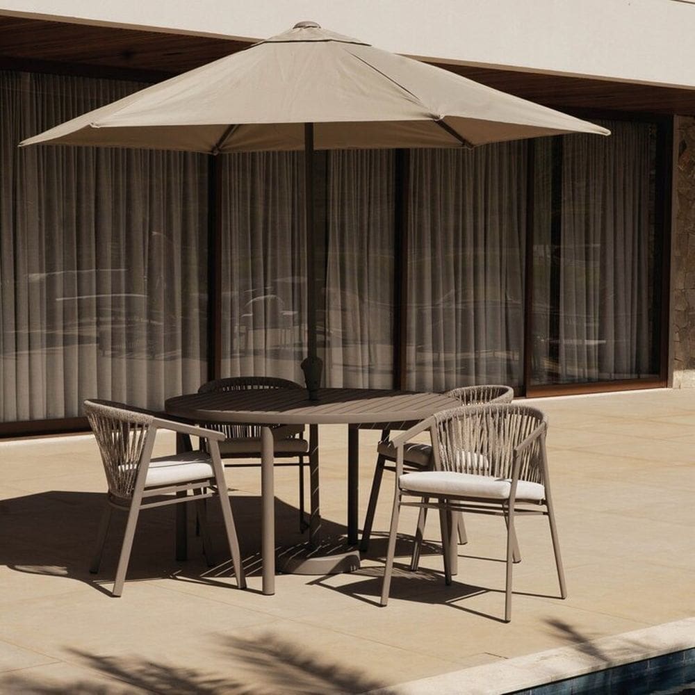 Conjunto Jardim 1 Mesa Ø130cm 4 Cadeiras com Braços 1 Ombrelone Refúgio Cabecasa Madeiramadeira Champanhe/Quaker areia