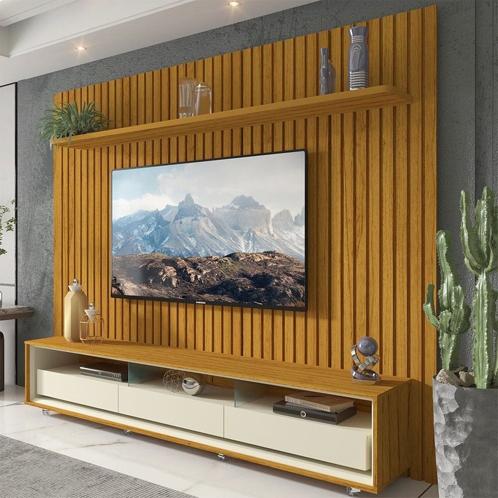 Rack com Painel para Tv até 85 Polegadas 3 Gavetas com Rodízios Requinte/nobre Clean Naturale/Off White