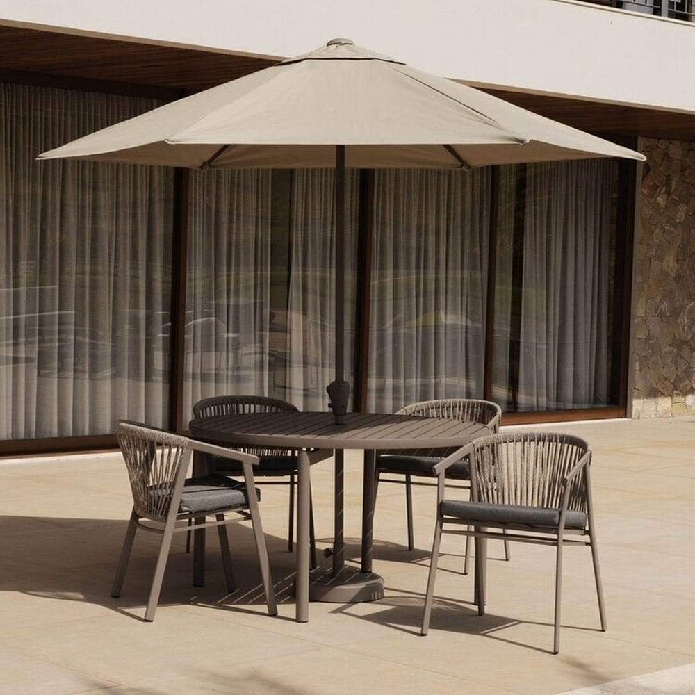 Conjunto Jardim 1 Mesa Ø130cm 4 Cadeiras com Braços 1 Ombrelone Refúgio Cabecasa Madeiramadeira Champanhe/Cinza Mesclado