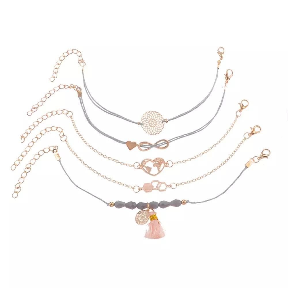 Pulseira 5 Peças Dourada Detalhes Marrom Coração Infinito H2