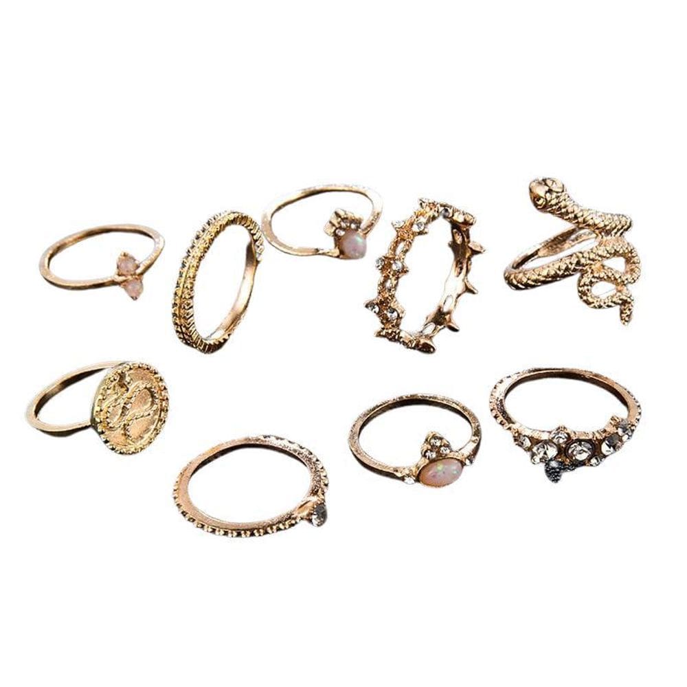 Anel Dourado 9Peças Joia Cobra Pedra Brilho Strass A9512