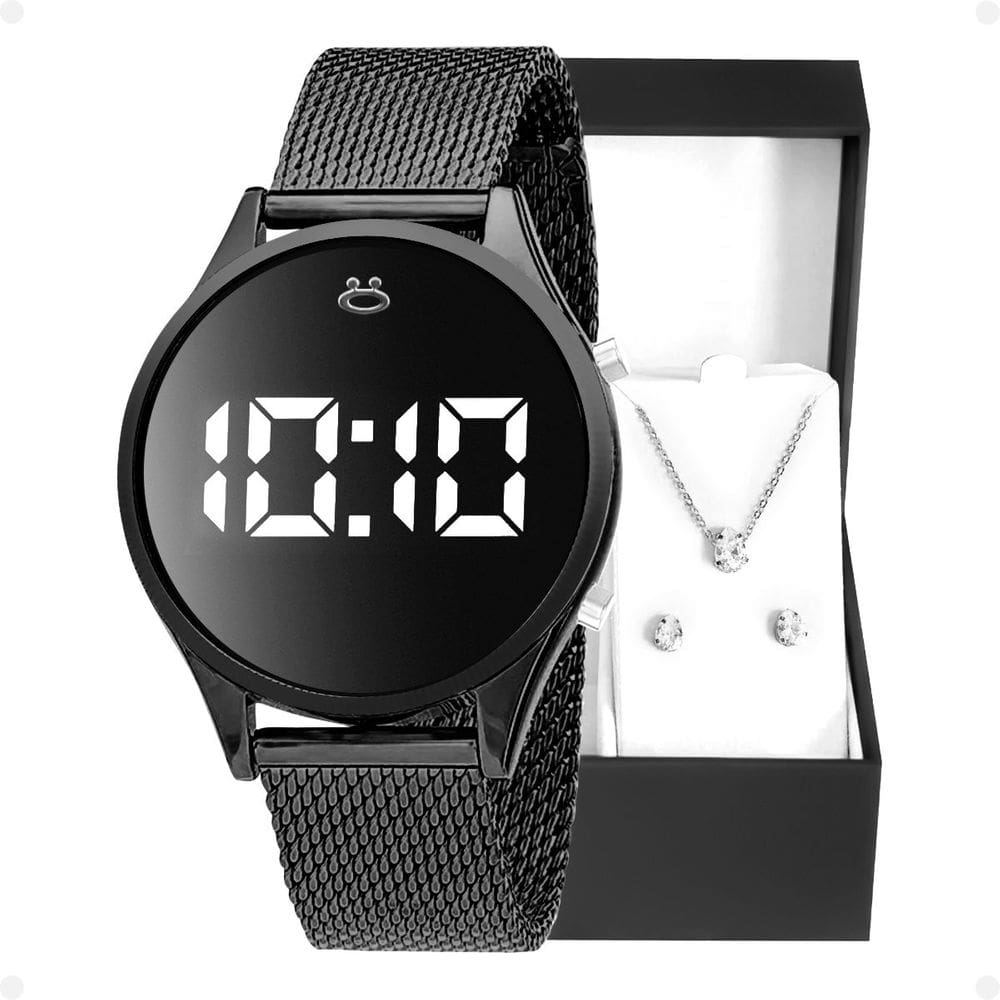 relogio feminino aço inox led + caixa + colar + brincos pulseira ajustavel ajustavel Casual silicone