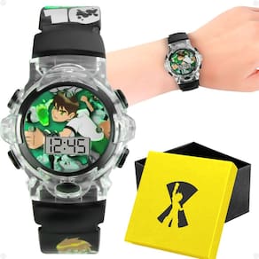 relogio digital infantil silicone preto ben10 led + caixa esportivo data heroi luz ajustavel verde