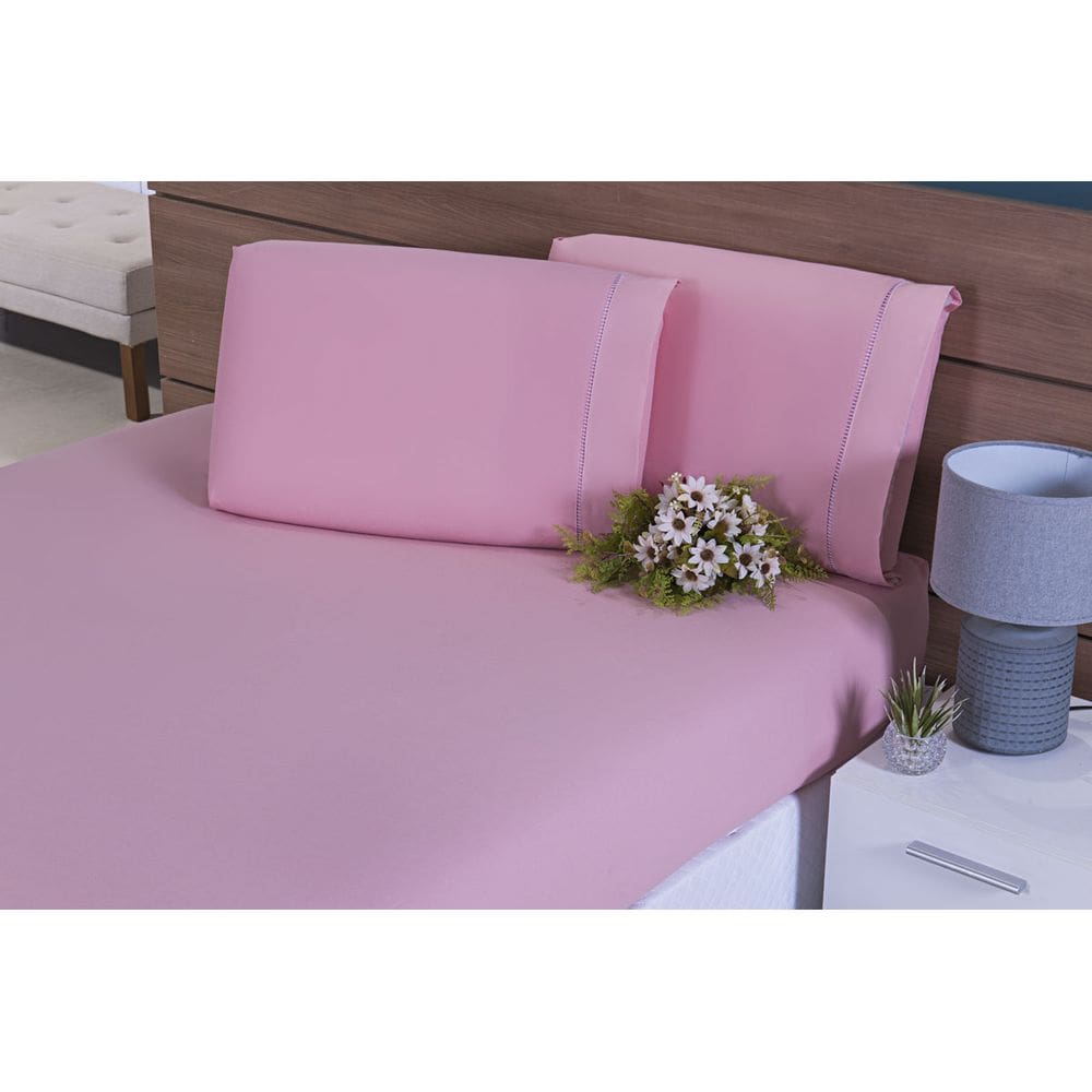 Lençol Queen 3 Peças C/Elástico Percal 100% Algodão 200 Fios Rosé