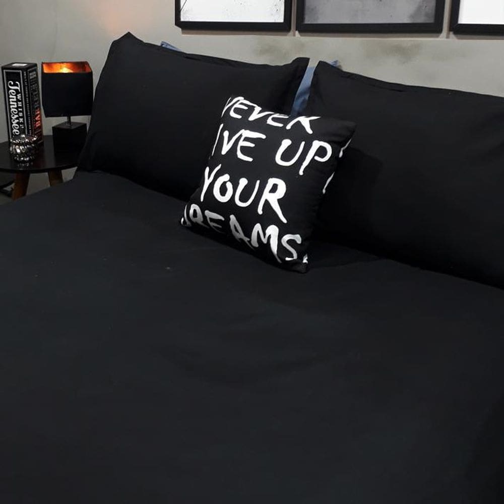 Lençol Com Elástico Casal King 4 Un Preto Com Almofada Decor