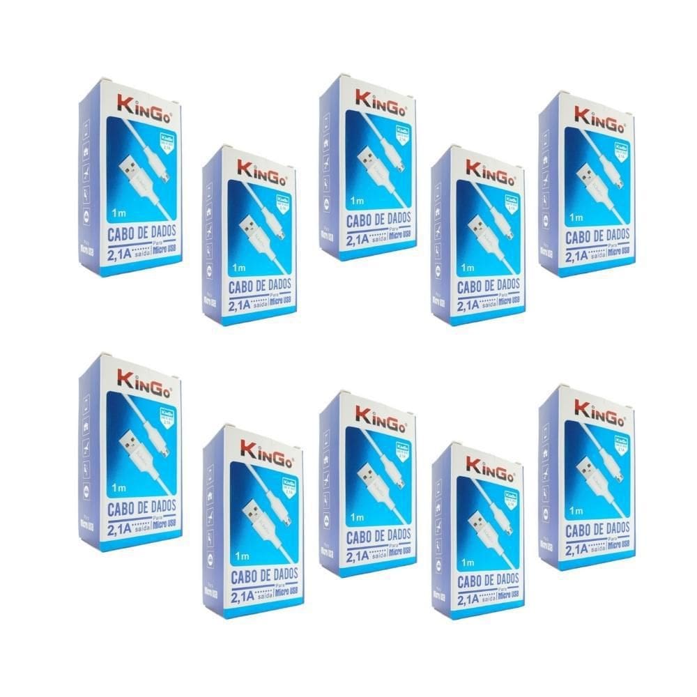 Kit 10 Cabos Usb V8 Branco Kingo 1M 2.1A P/ Galaxy J2 Prime