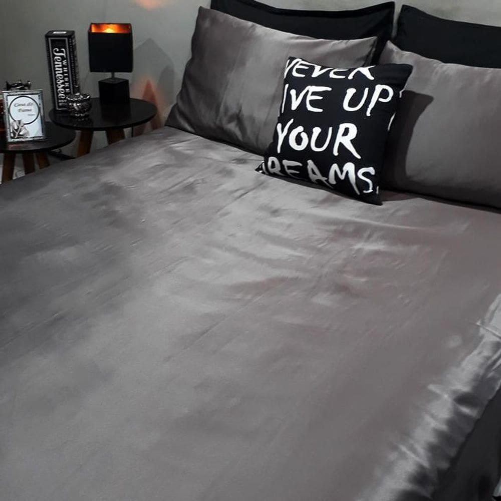 Lençol Com Elástico Casal Comum 4 Un Cetim Grafite Almofada