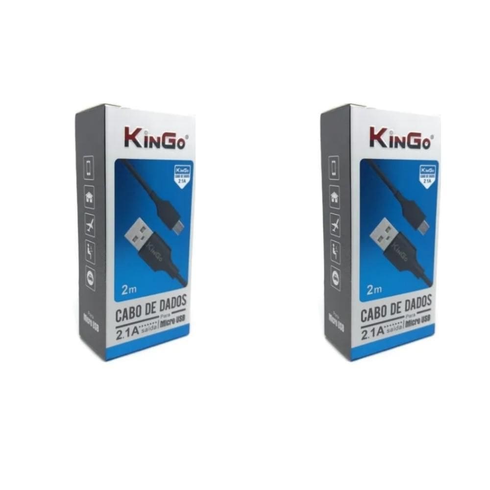 Kit 2 Cabos Usb V8 Kingo Preto 2M 2.1A Para Moto E7 Plus