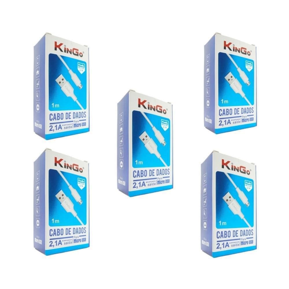 Kit 5 Cabos Usb V8 Branco Kingo 1M 2.1A Para Moto E7 Plus