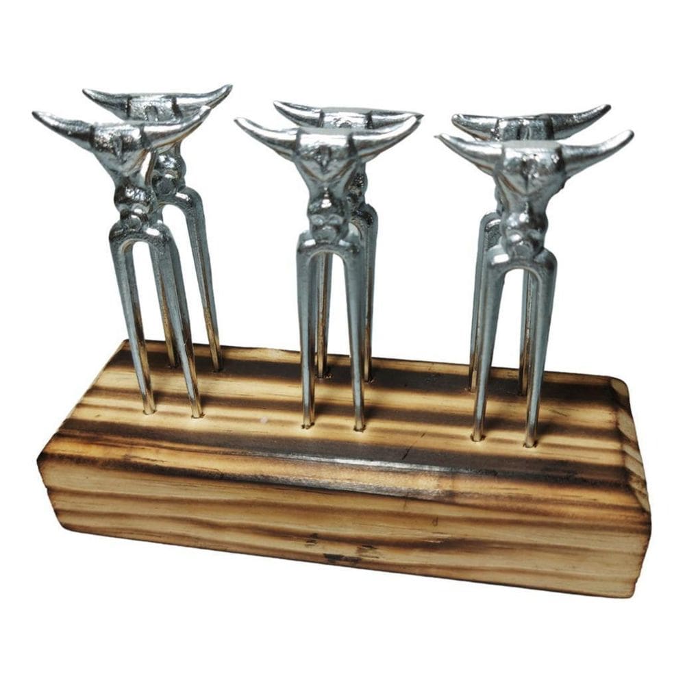 Garfinhos Para Churrasco Boi Com Suporte Em Madeira 6 Mini