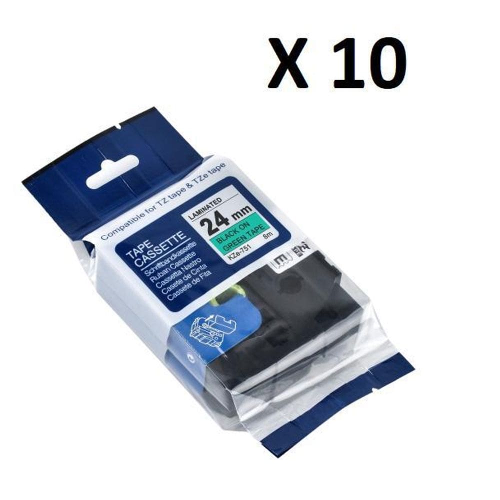 Kit 10 Fitas Compatível Brother Tze-751 Verde 24Mm