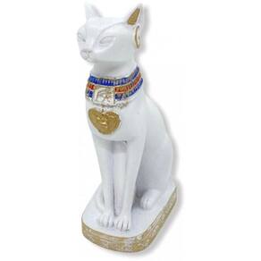 Escultura Egípcia Bastet Cor Branca 14 Cm Em Resina