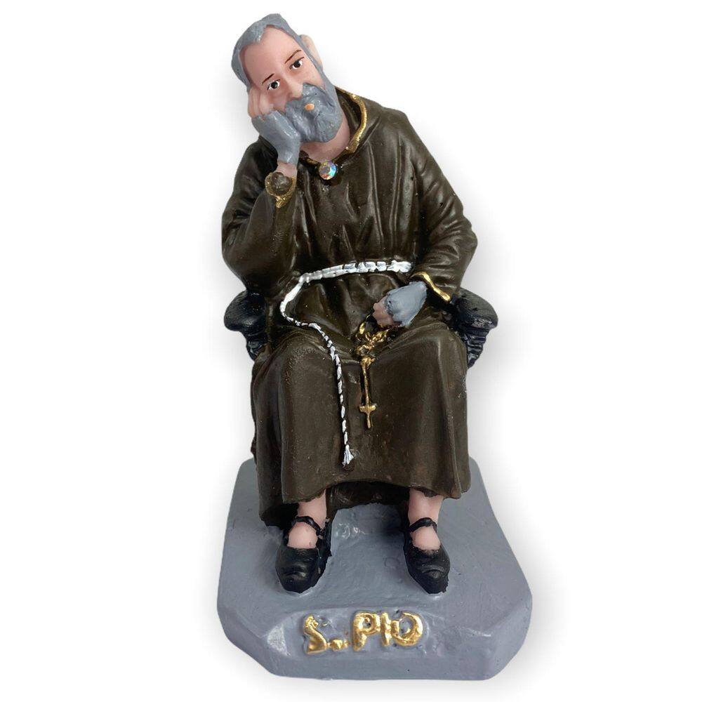 Escultura Padre Pio Sentado 11 Cm Em Resina