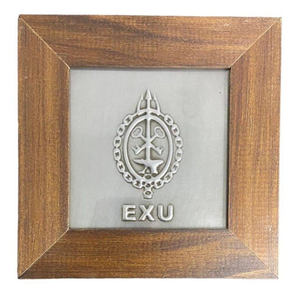 Quadro Exu Orixá Madeira Imbuia E Metal 14,5X14,5Cm