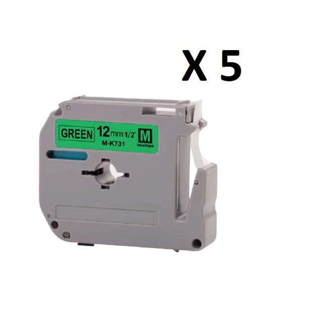 Kit 5 Fitas Compatível Brother M-K731 Verde Letra Preta 12Mm