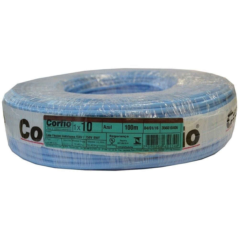 Cabo Flexível Corfio 10mmx100m Rolo 750V Azul
